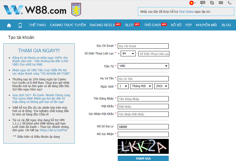 Trang đăng ký tài khoản W88