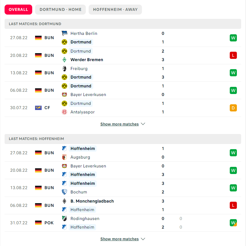 Phong độ gần đây Dortmund vs Hoffenheim 03/09/2022