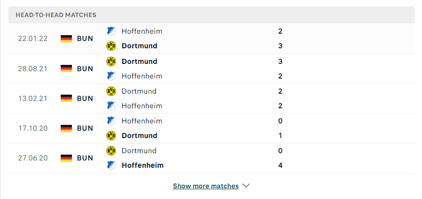 Thành tích đối đầu Dortmund vs Hoffenheim 03/09/2022