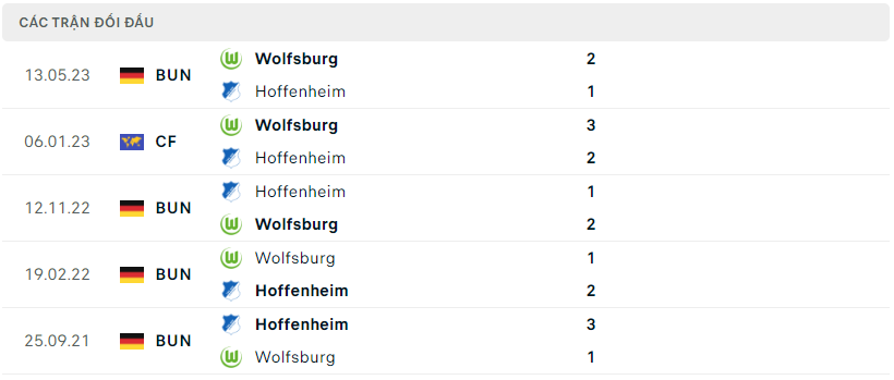 Thành tích đối đầu Hoffenheim vs Wolfsburg